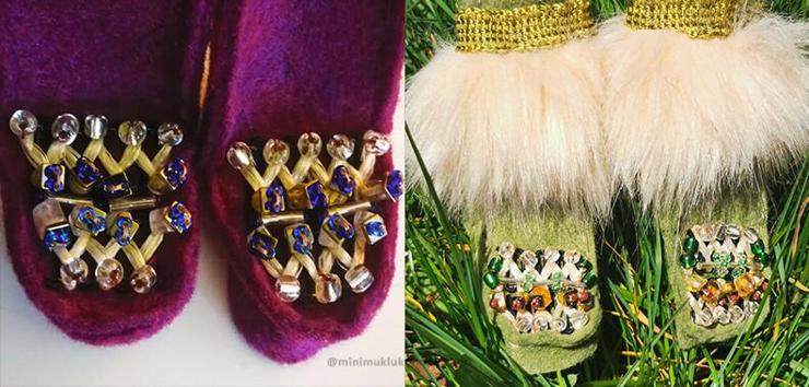 A close up photo of a recent pair of mukluks made by me. Sweet grass fiber in a zigzag pattern paired with blue flowers on purple felt. Also a green variation with light fur sitting on summer grass